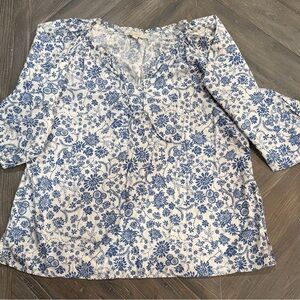 LOFT Blue and White Floral Blouse 3/4 Sleeves